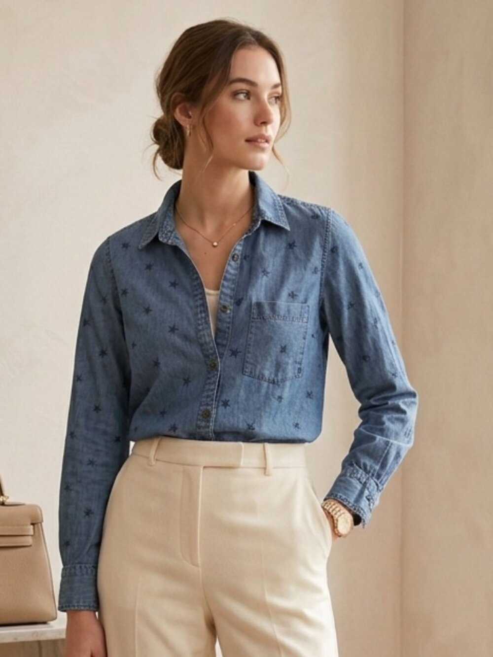 Rails Shirt Dana Pigment Star Print Women's Size X-Small Blue Denim Chambrey